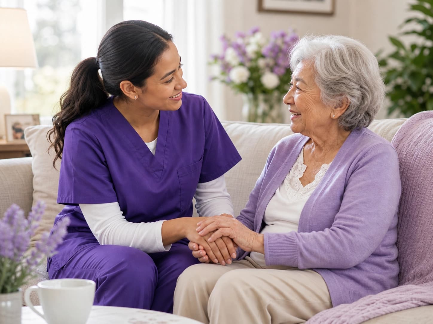 Caregiver sitting with an older woman at home